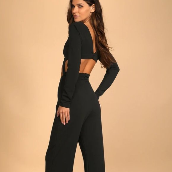 Lulu's Sophisticated Nights Black Cutout Long Sleeve Jumpsuit - Picture 3 of 4